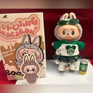 Sesame Labubu in Starbucks Outfit, plus outfit w/shoes & mini monster keychain.